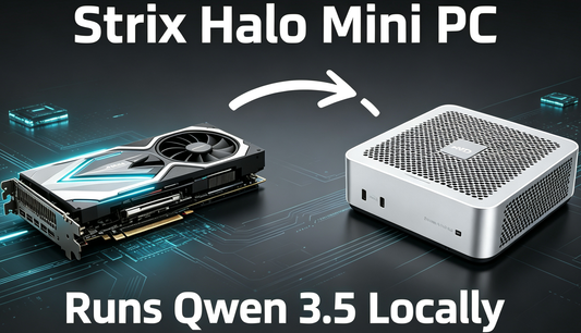 Tech review cover for AMD Strix Halo Mini PC local AI testing. Features the real Strix Halo device and highlights Qwen 3.5 LLM running capability.